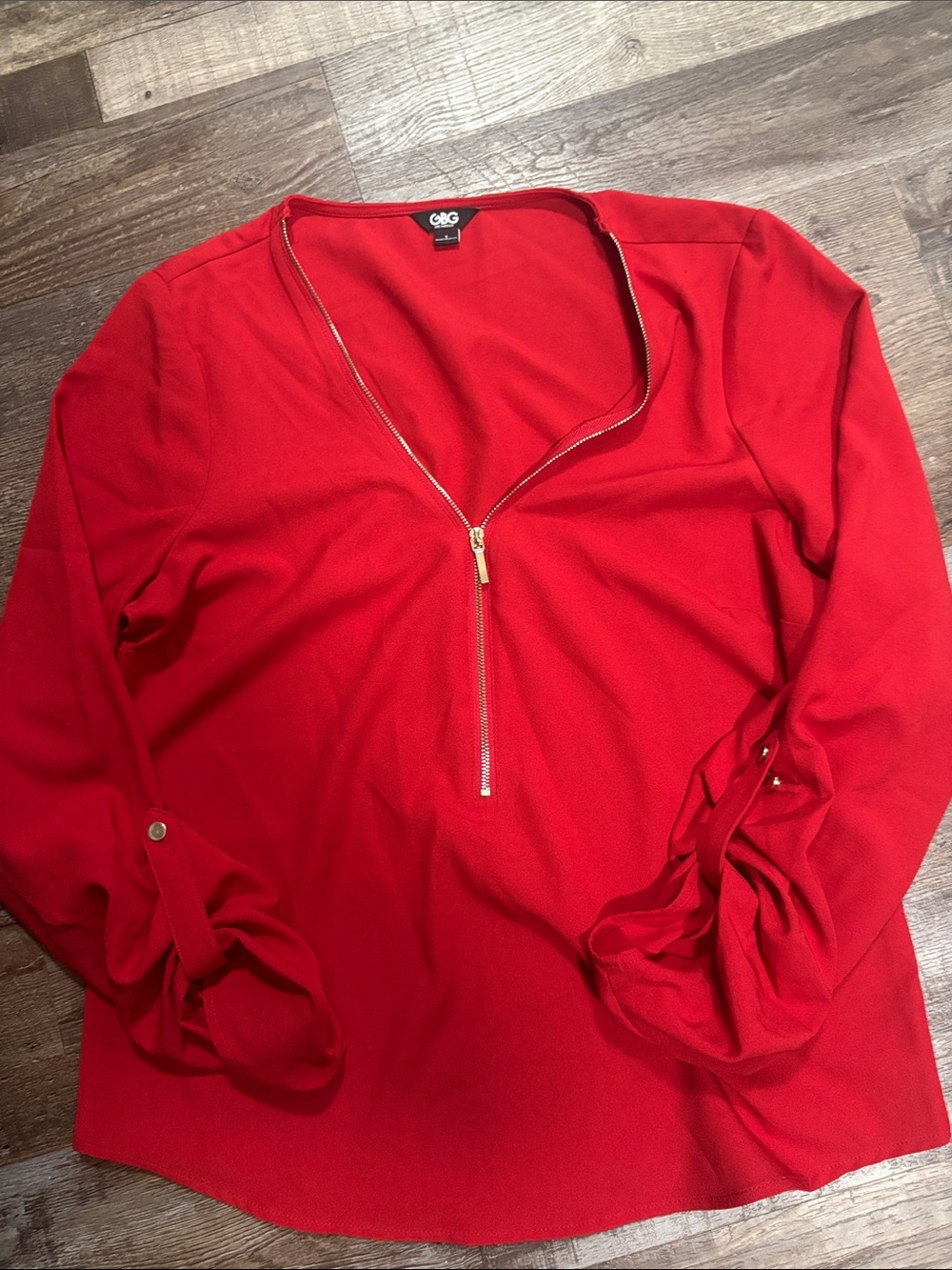 Guess Red Long-Sleeve Zip-Front Button-Tab Top